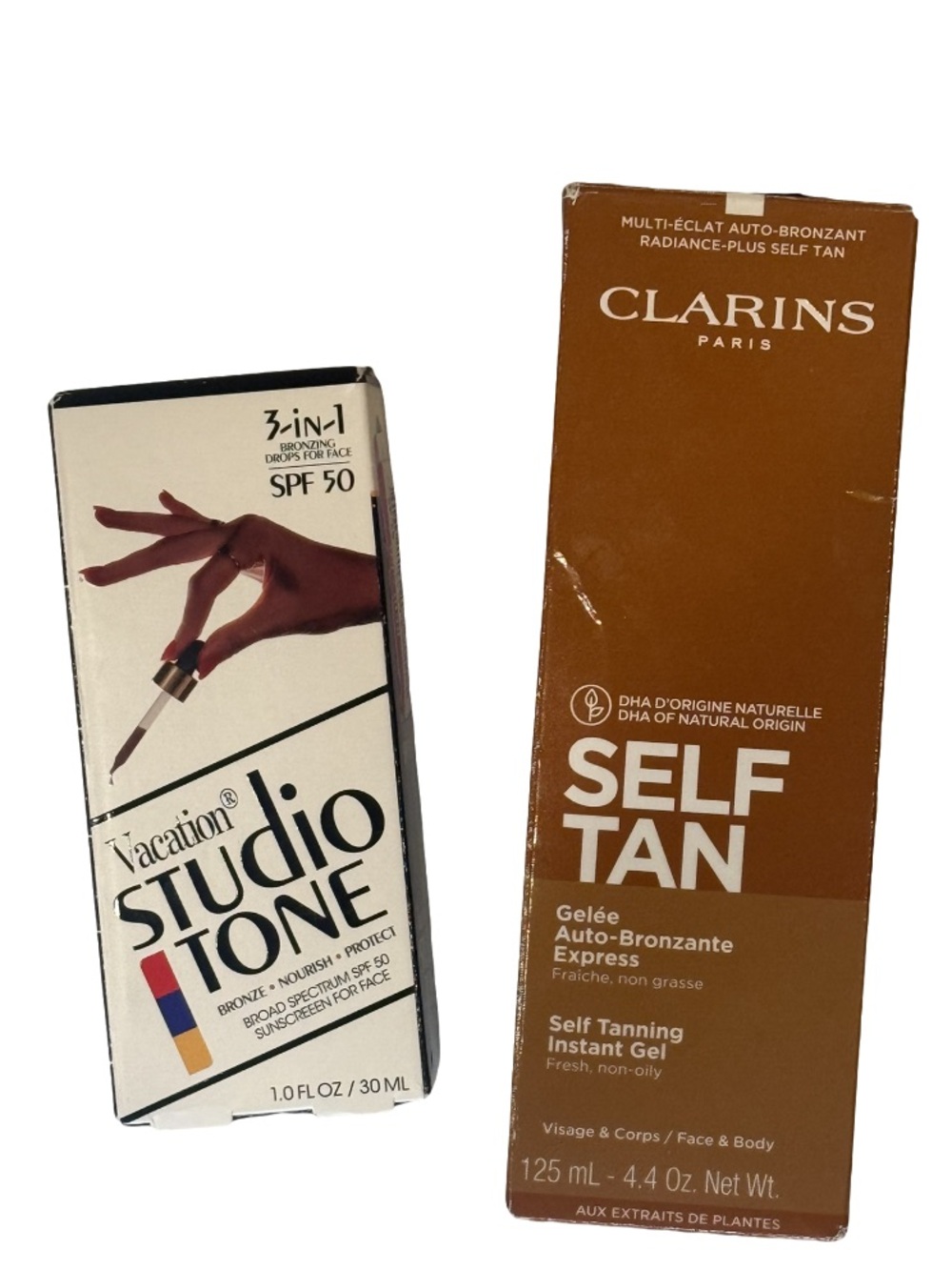 Clarins Self Tanning Gel & Vacation Studio Bronzing Drops SPF 50 Glow Bundle NIB